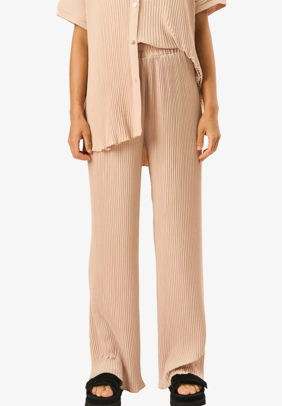 Trousers>Gini London Beige Plisse Loungewear Wide Leg Trousers