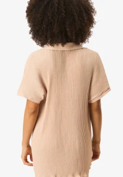 Tops>Gini London Beige Plisse Short Sleeve Oversized Shirt