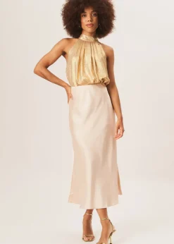 Skirts>Gini London Satin Bias Cut Midi Skirt Beige