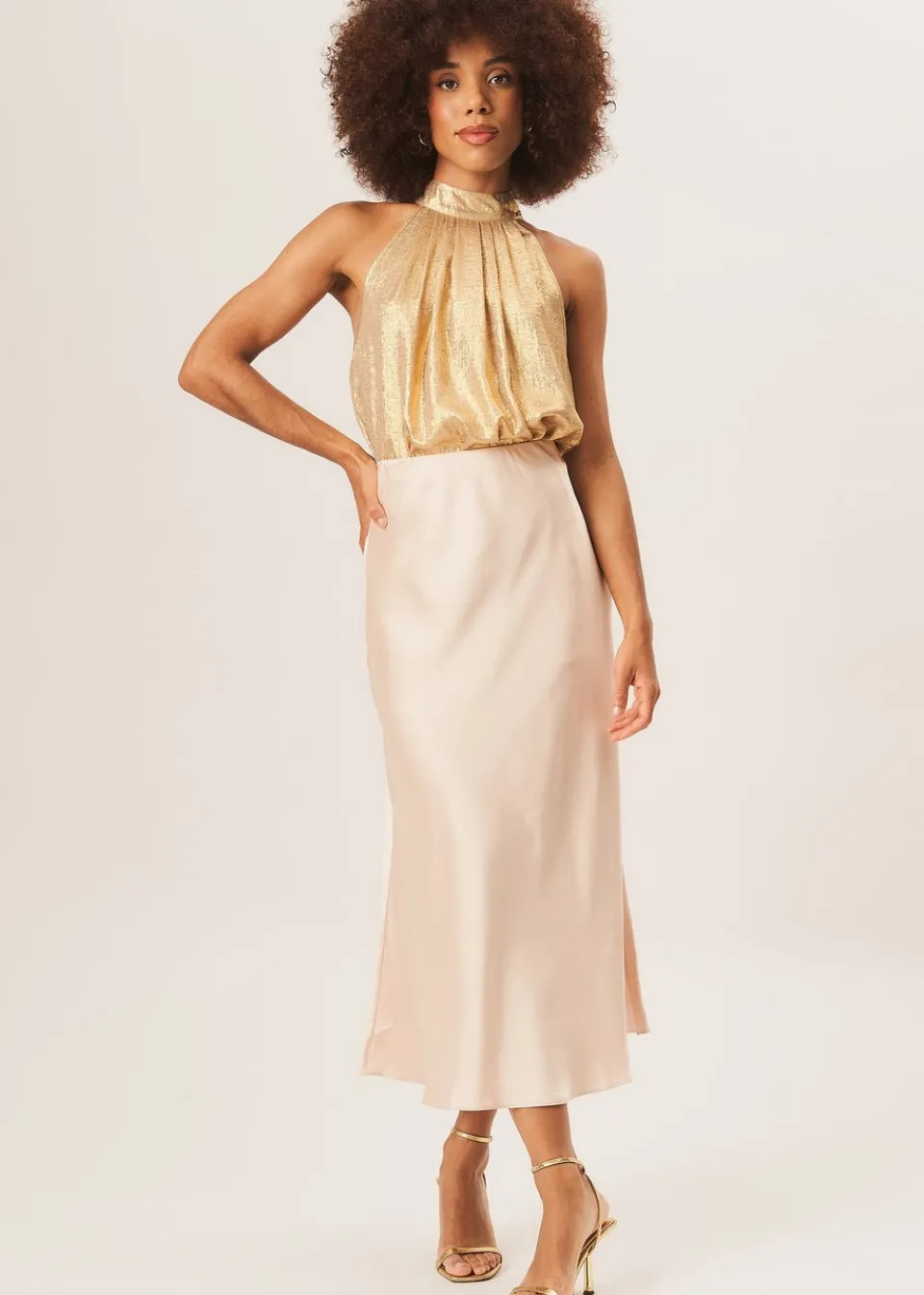 Skirts>Gini London Satin Bias Cut Midi Skirt Beige