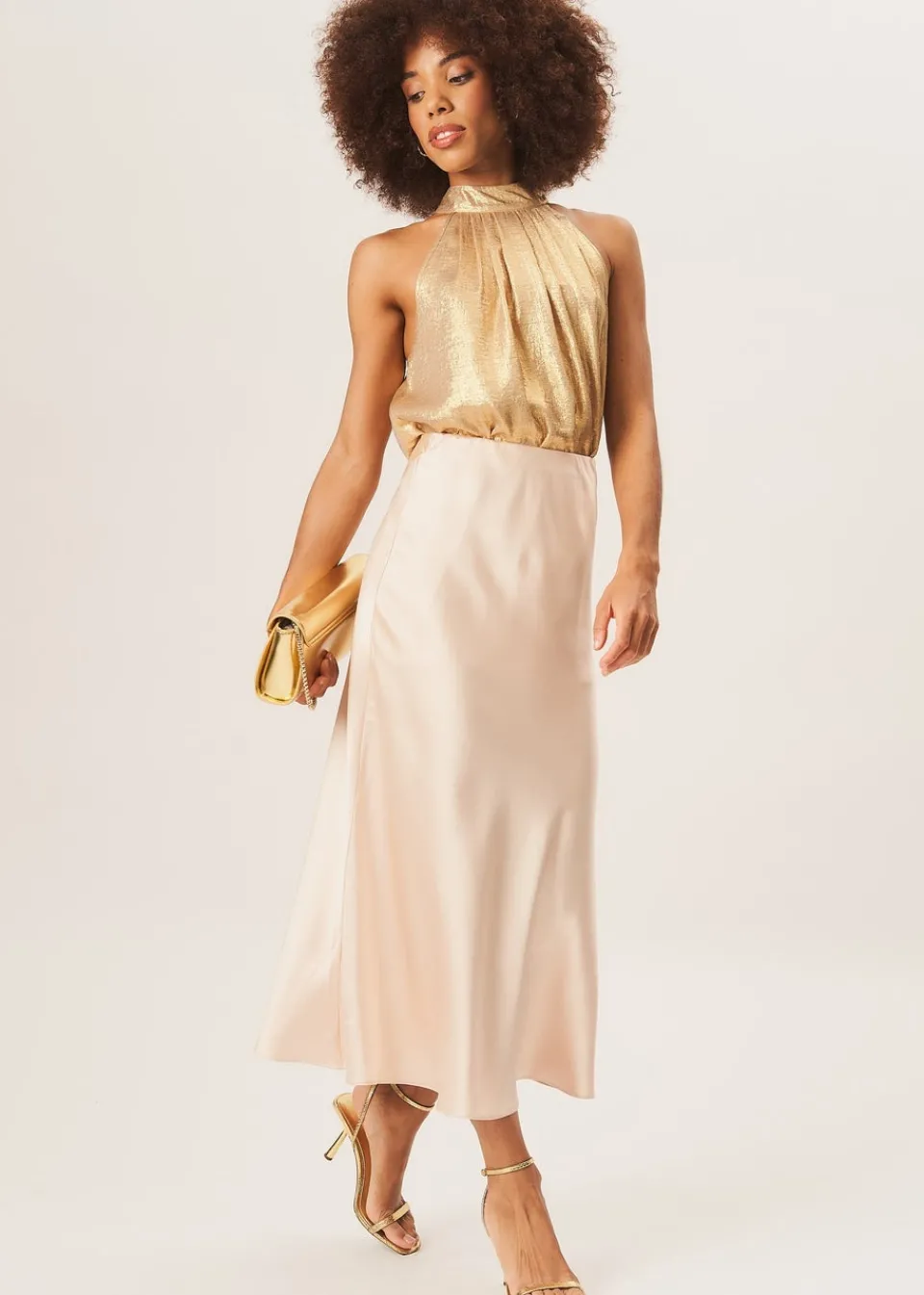 Skirts>Gini London Satin Bias Cut Midi Skirt Beige