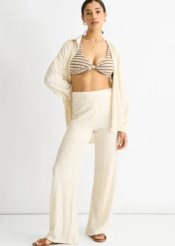 Trousers>Gini London Beige Textured Elasticated Waist Flared Trousers