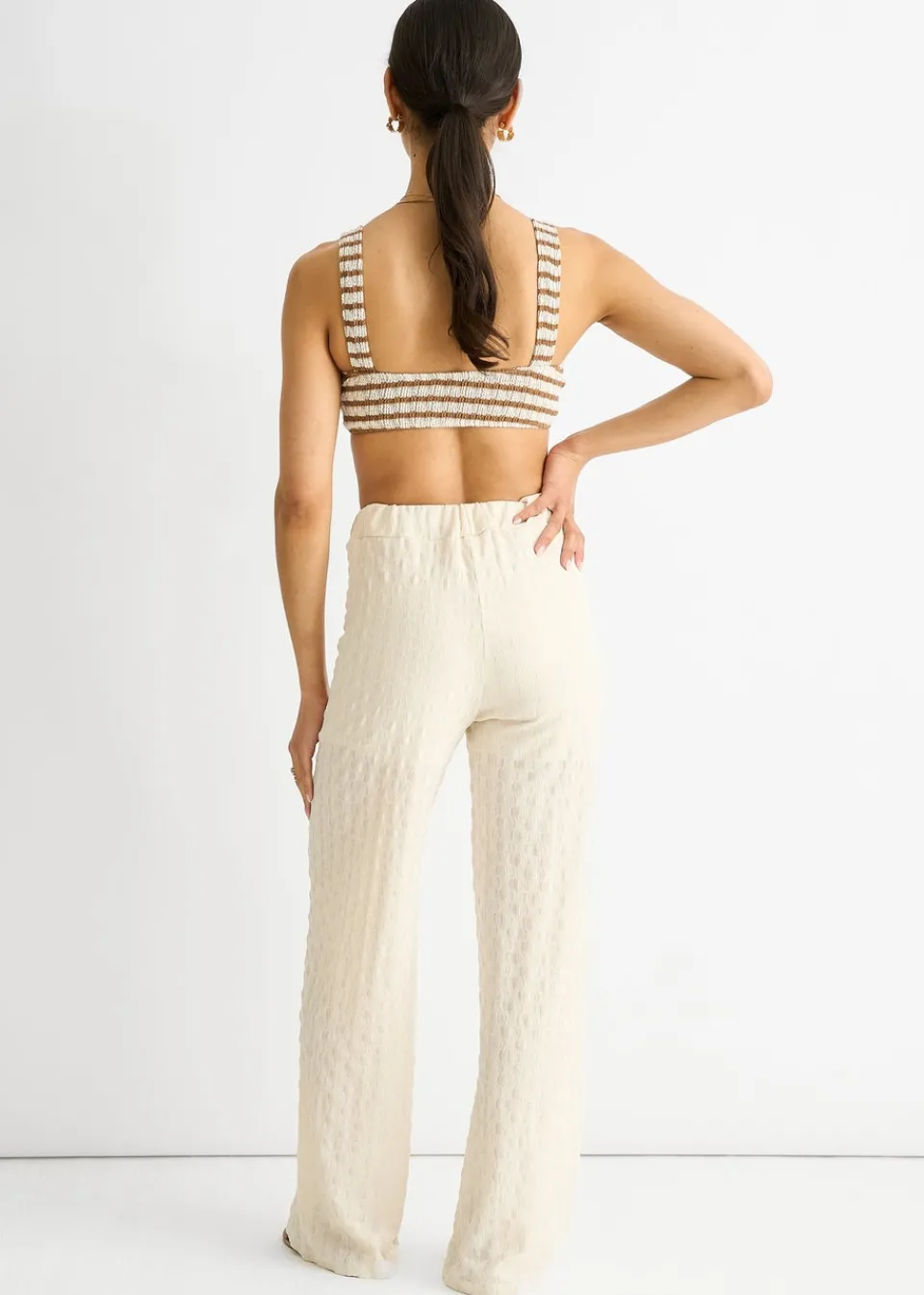 Trousers>Gini London Beige Textured Elasticated Waist Flared Trousers
