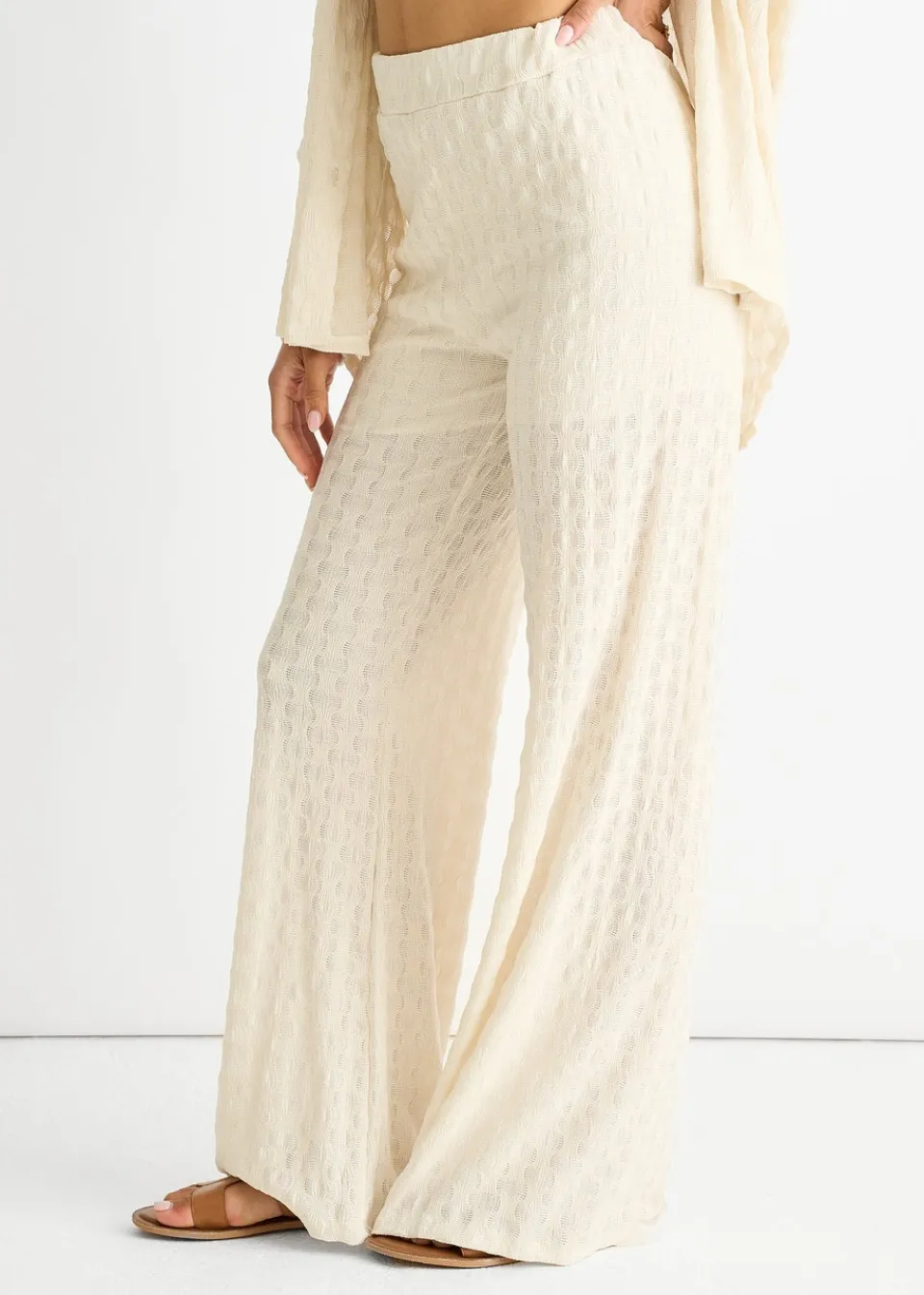 Trousers>Gini London Beige Textured Elasticated Waist Flared Trousers