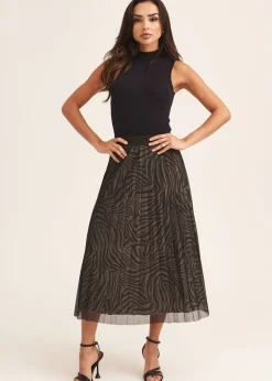 Skirts>Gini London Black Animal Print Mesh Overlay Pleated Midi Skirt