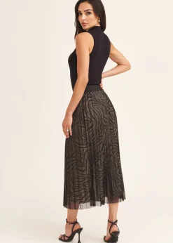 Skirts>Gini London Black Animal Print Mesh Overlay Pleated Midi Skirt