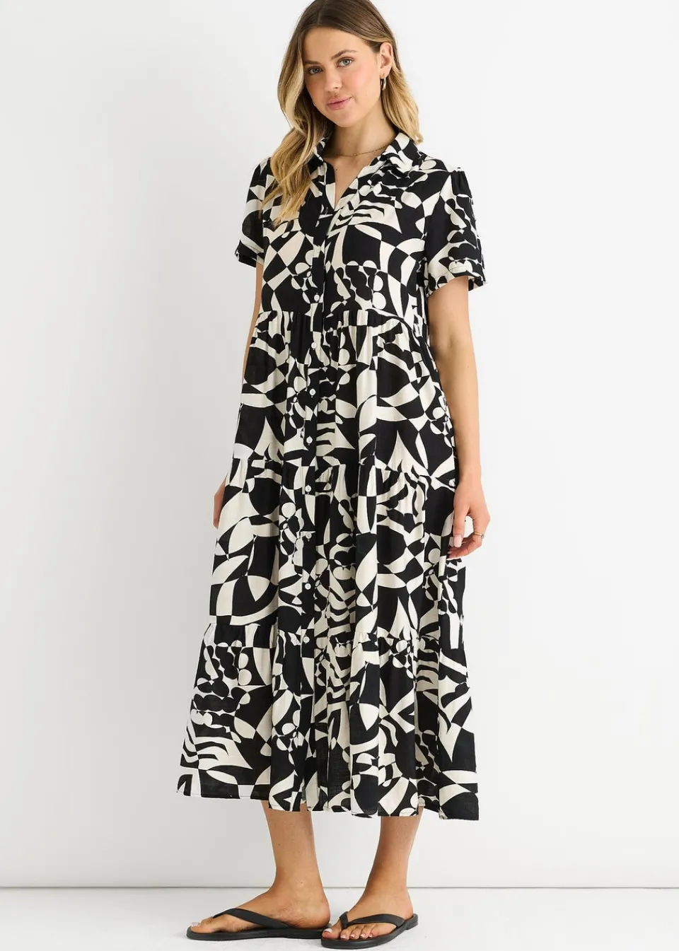 Dresses>Gini London Black Aztec Print Oversized Smock Midi Dress