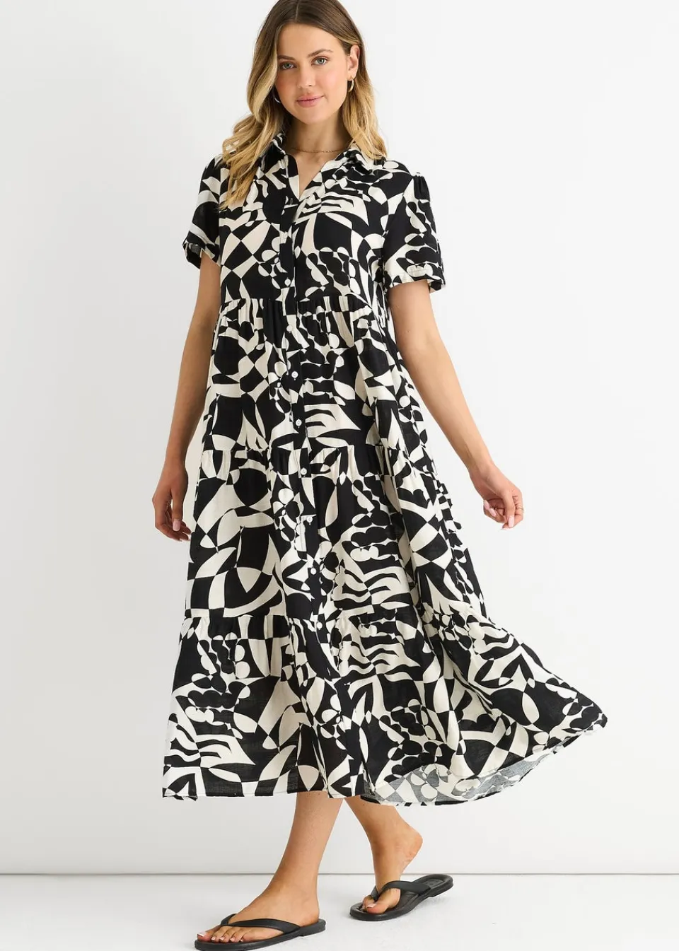 Dresses>Gini London Black Aztec Print Oversized Smock Midi Dress