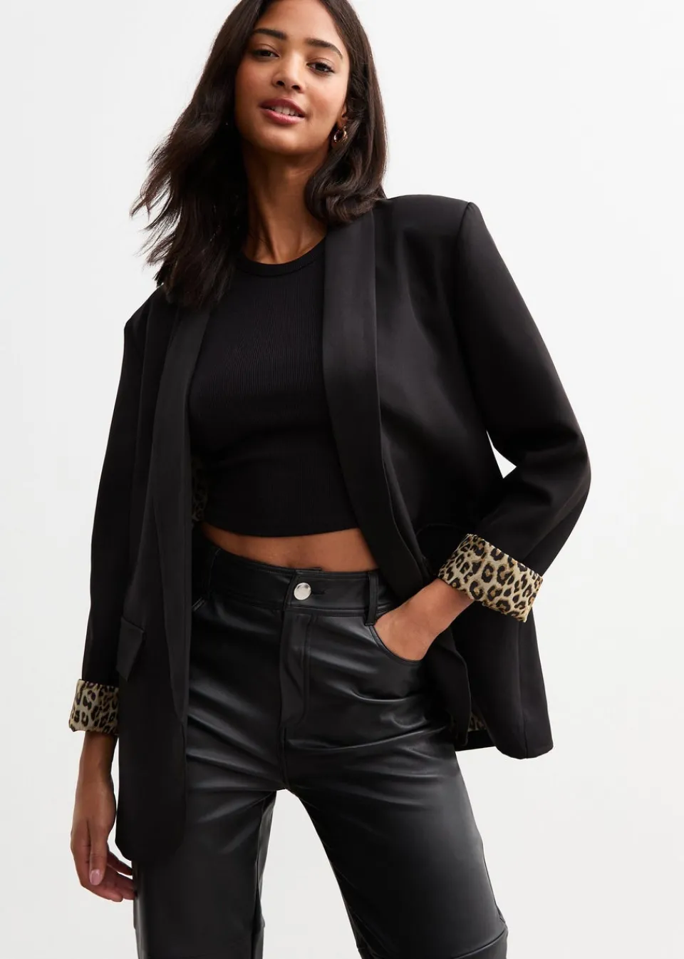 Coats & Jackets>Gini London Black Contrast Animal Edge to Edge Blazer
