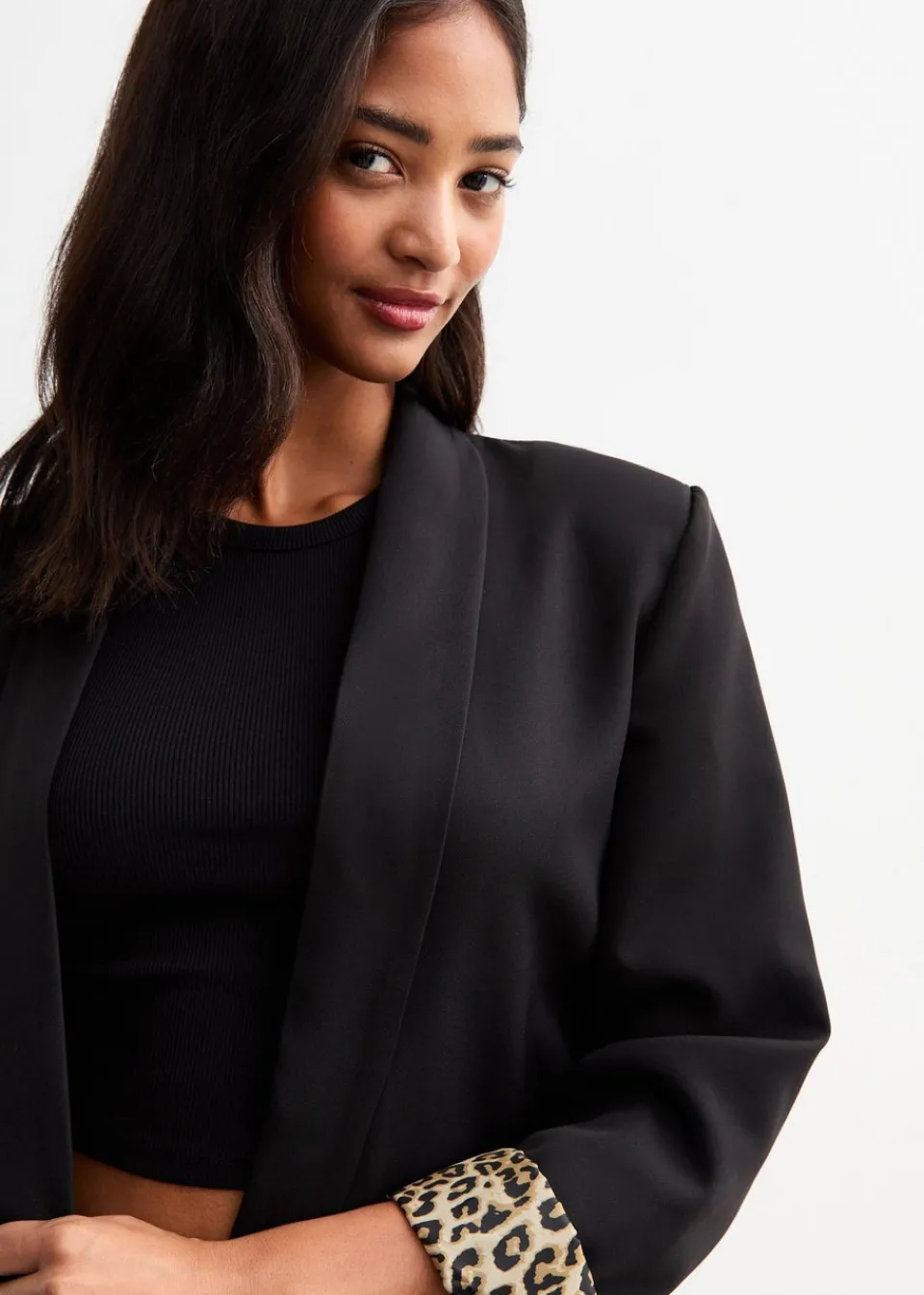 Coats & Jackets>Gini London Black Contrast Animal Edge to Edge Blazer
