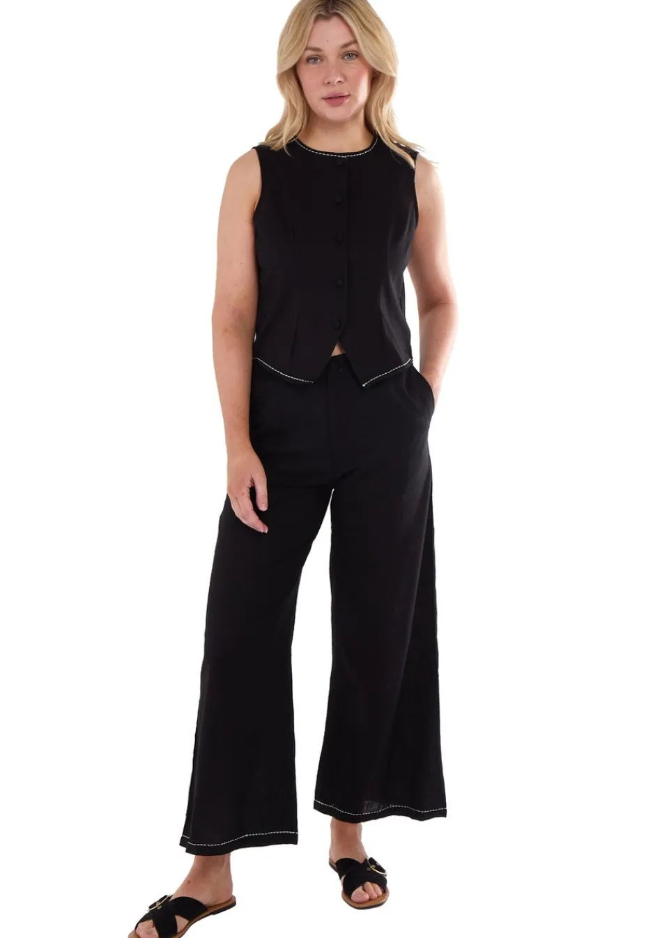 Tops>Gini London Black Cotton Contrast Stitch Detail Waist Coat