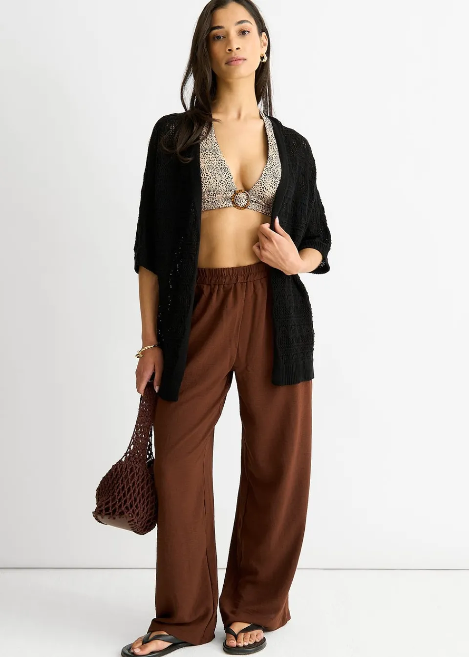 Tops>Gini London Black Crochet Knit Edge to Edge Cardigan
