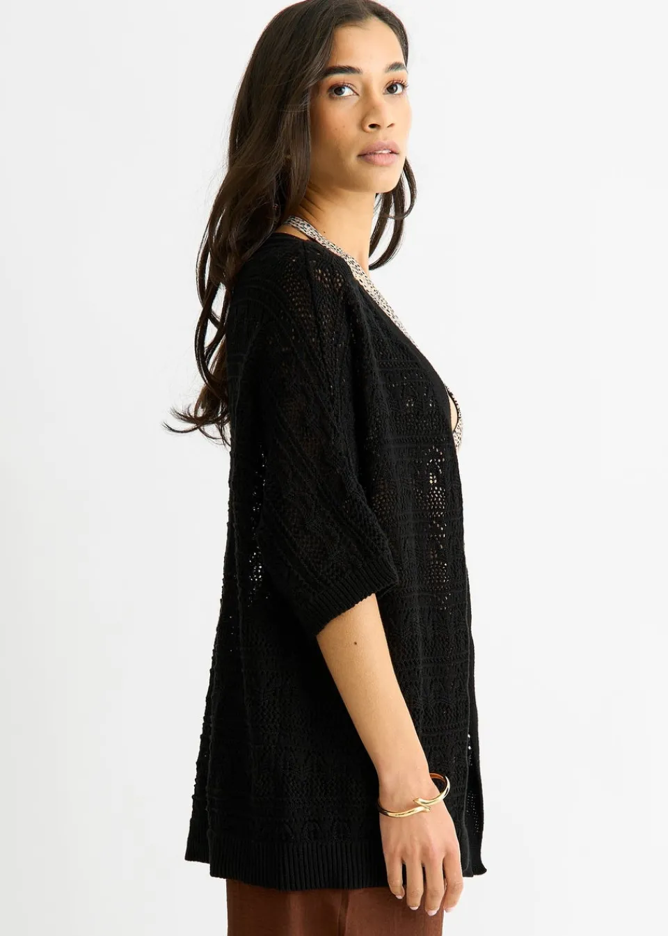 Tops>Gini London Black Crochet Knit Edge to Edge Cardigan