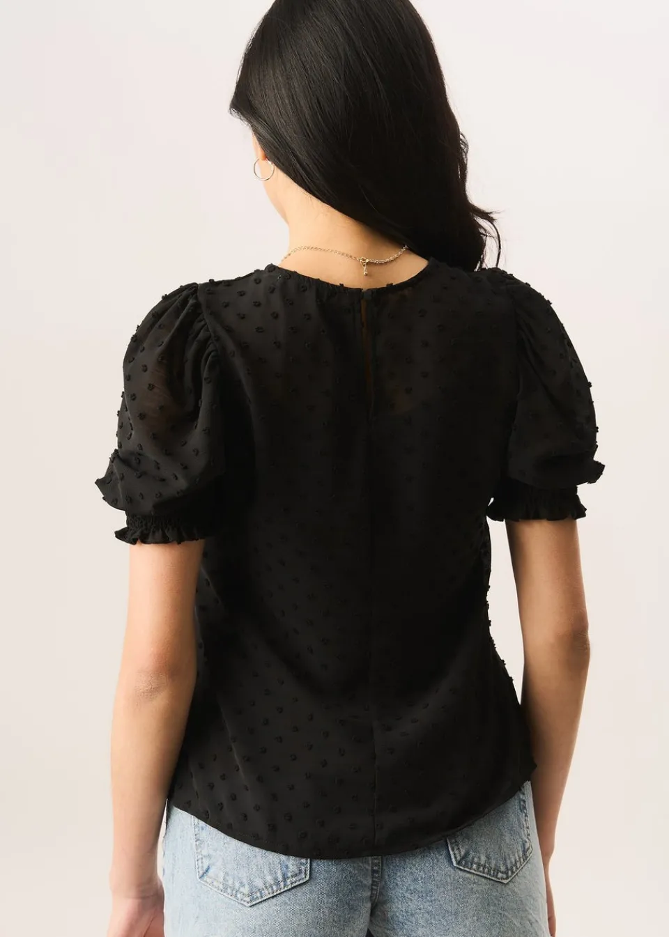 Tops>Gini London Black Dobby Chiffon Shirred Cuff Blouse