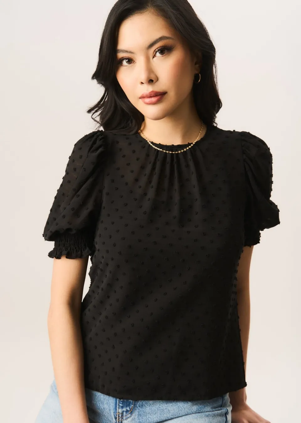 Tops>Gini London Black Dobby Chiffon Shirred Cuff Blouse