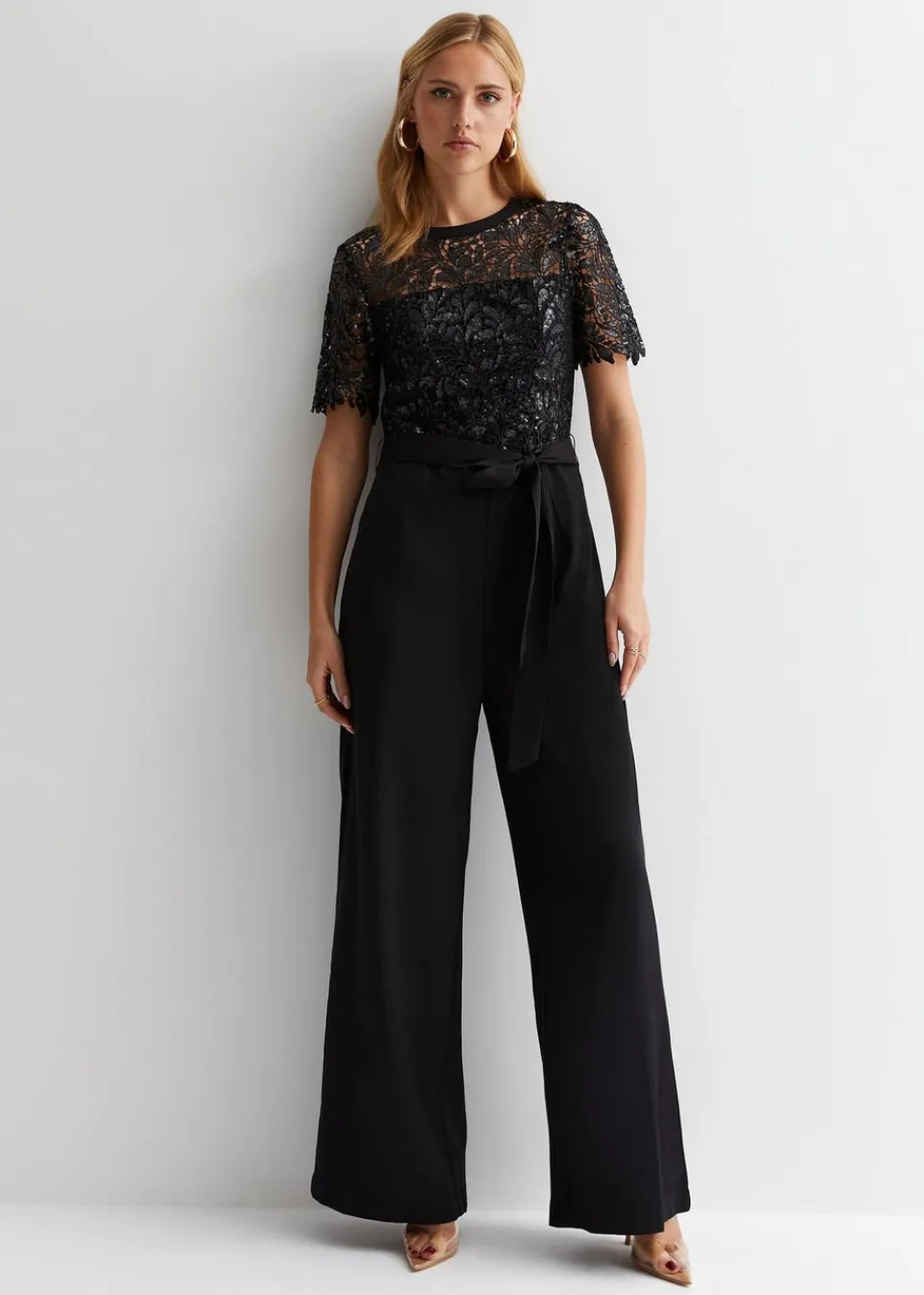 Jumpsuits & Playsuits>Gini London Black Floral Lace Sequin Belted Occasion Jumpsuit