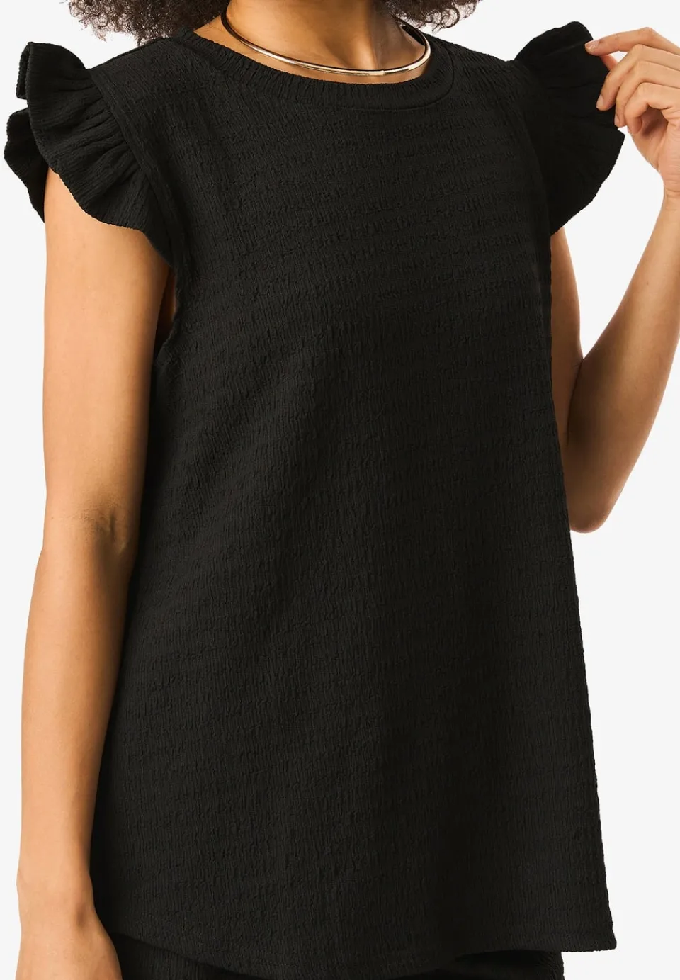 Tops>Gini London Black Frill Sleeves Textured Oversized Top