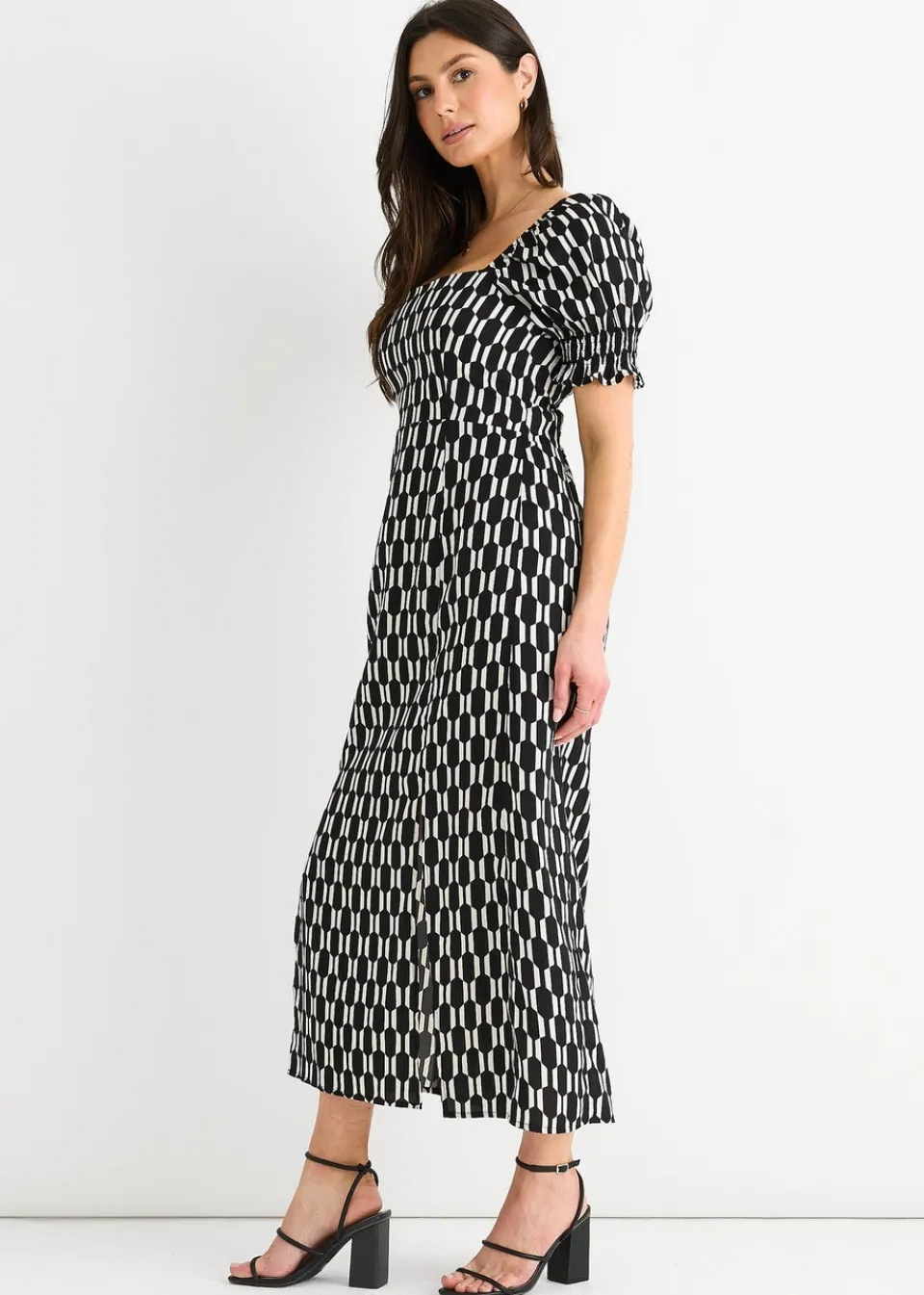 Dresses>Gini London Black Geo Print Square Neck Midi Dress