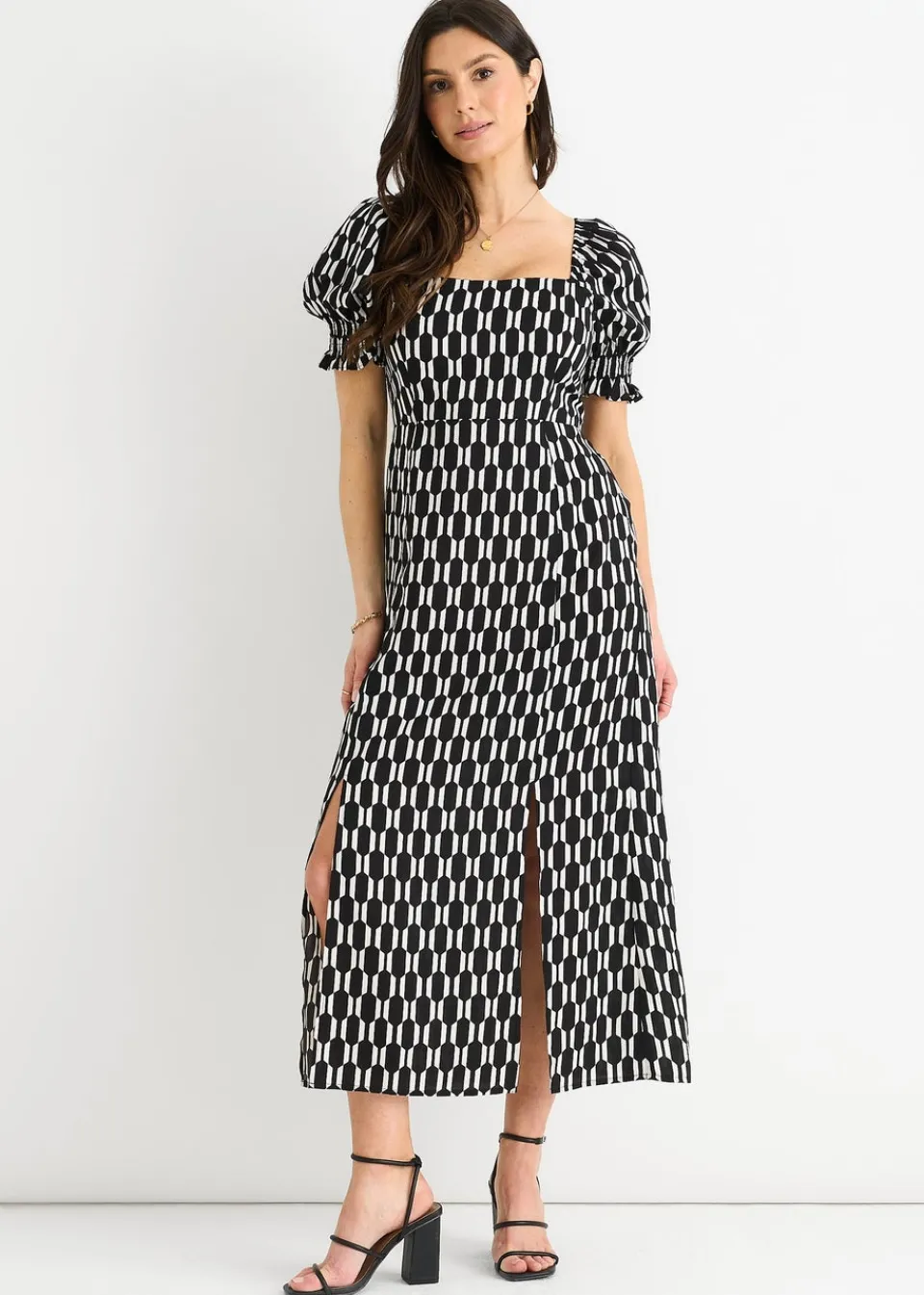 Dresses>Gini London Black Geo Print Square Neck Midi Dress