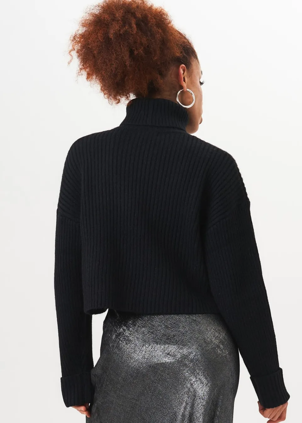 Tops>Gini London Black High Neck Chunky Knit Crop Jumper