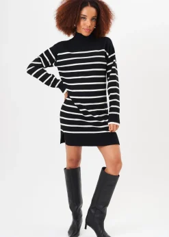 Knitwear>Gini London Black High Neck Stripe Oversized Tunic Dress