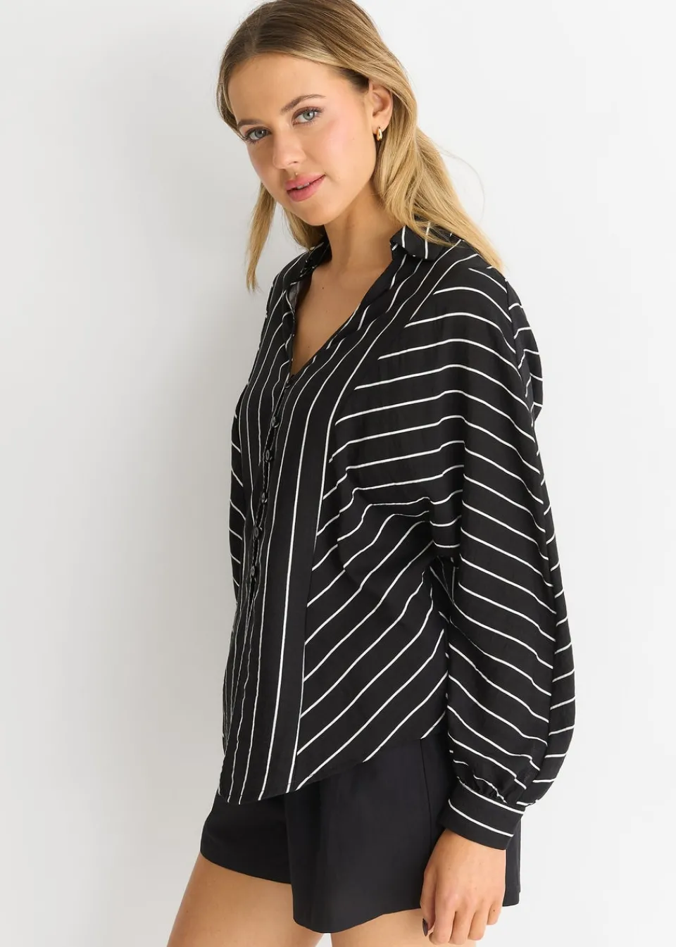 Tops>Gini London Black Long Sleeve Batwing Stripe Shirt