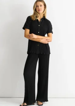 Trousers>Gini London Black Plisse Loungewear Wide Leg Trousers