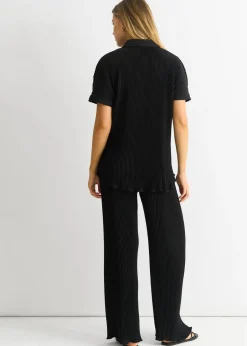 Tops>Gini London Black Plisse Short Sleeve Oversized Shirt