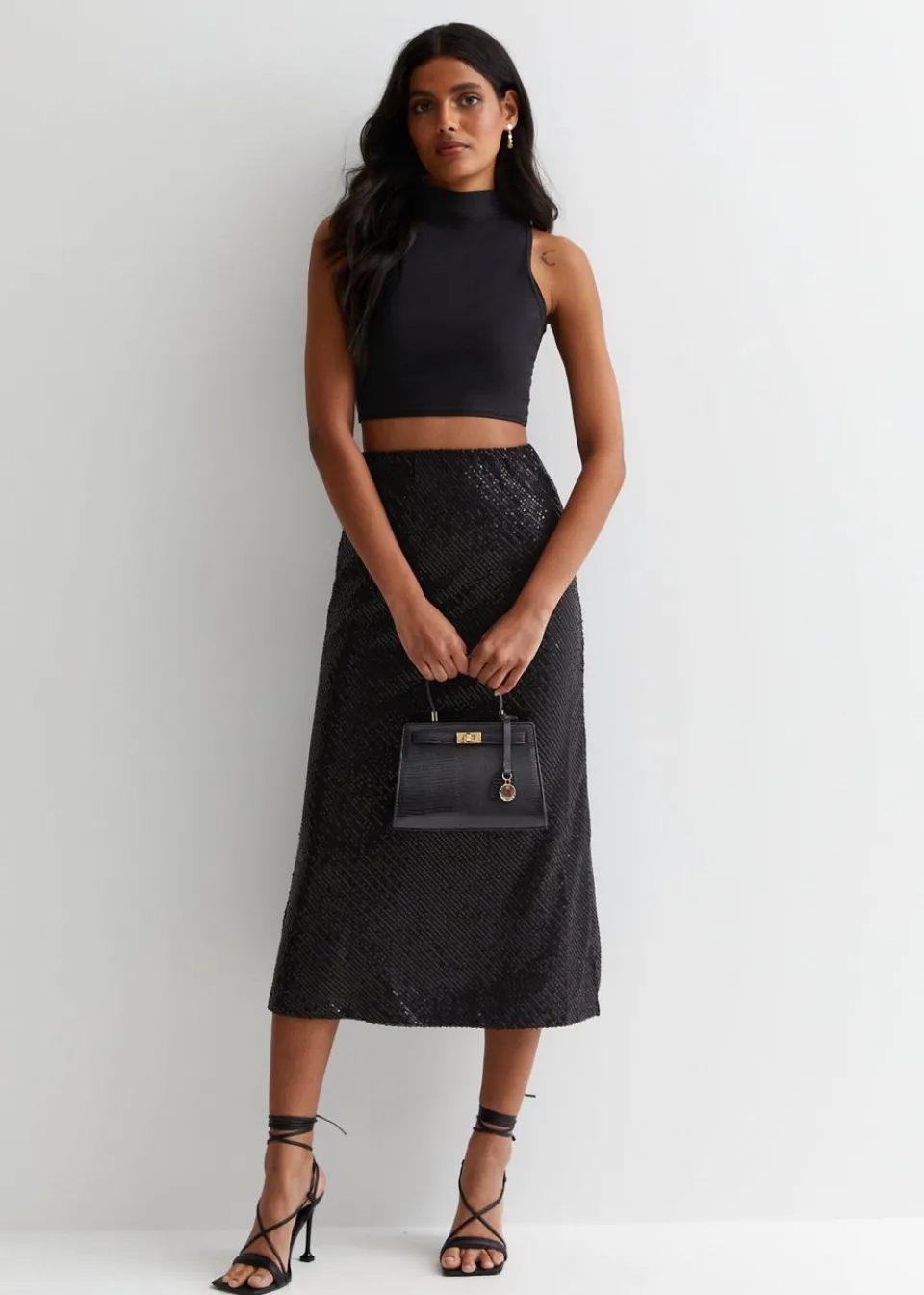Skirts>Gini London Black Sequin Bias Midi Skirt