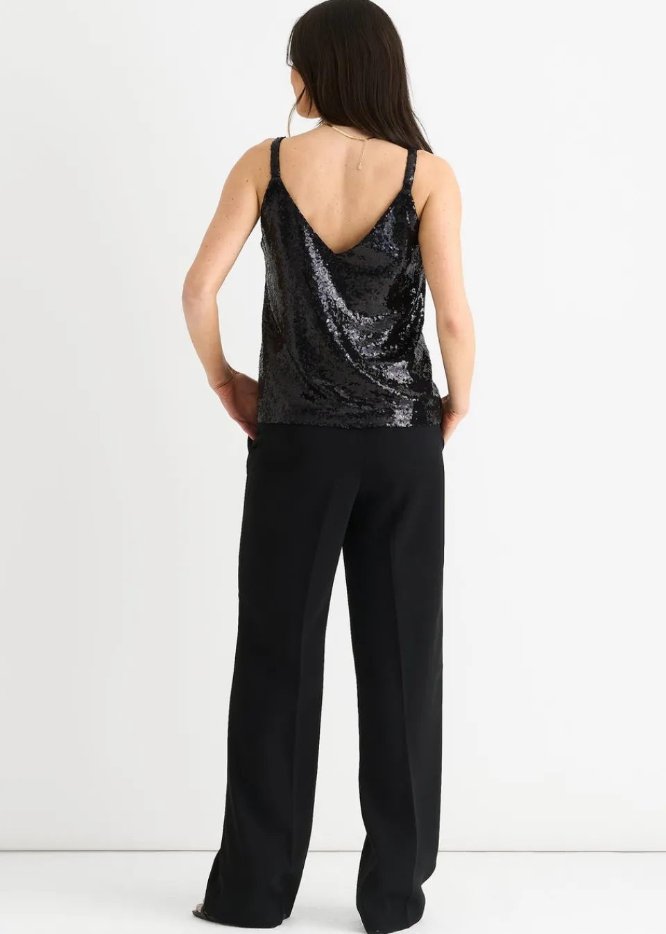 Tops>Gini London Black Sequin V Neck Cami Top