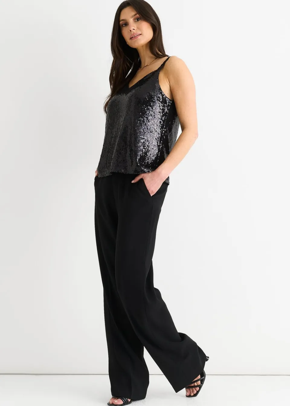Tops>Gini London Black Sequin V Neck Cami Top