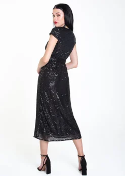 Dresses>Gini London Black Sequin Belted Midi Wrap Dress