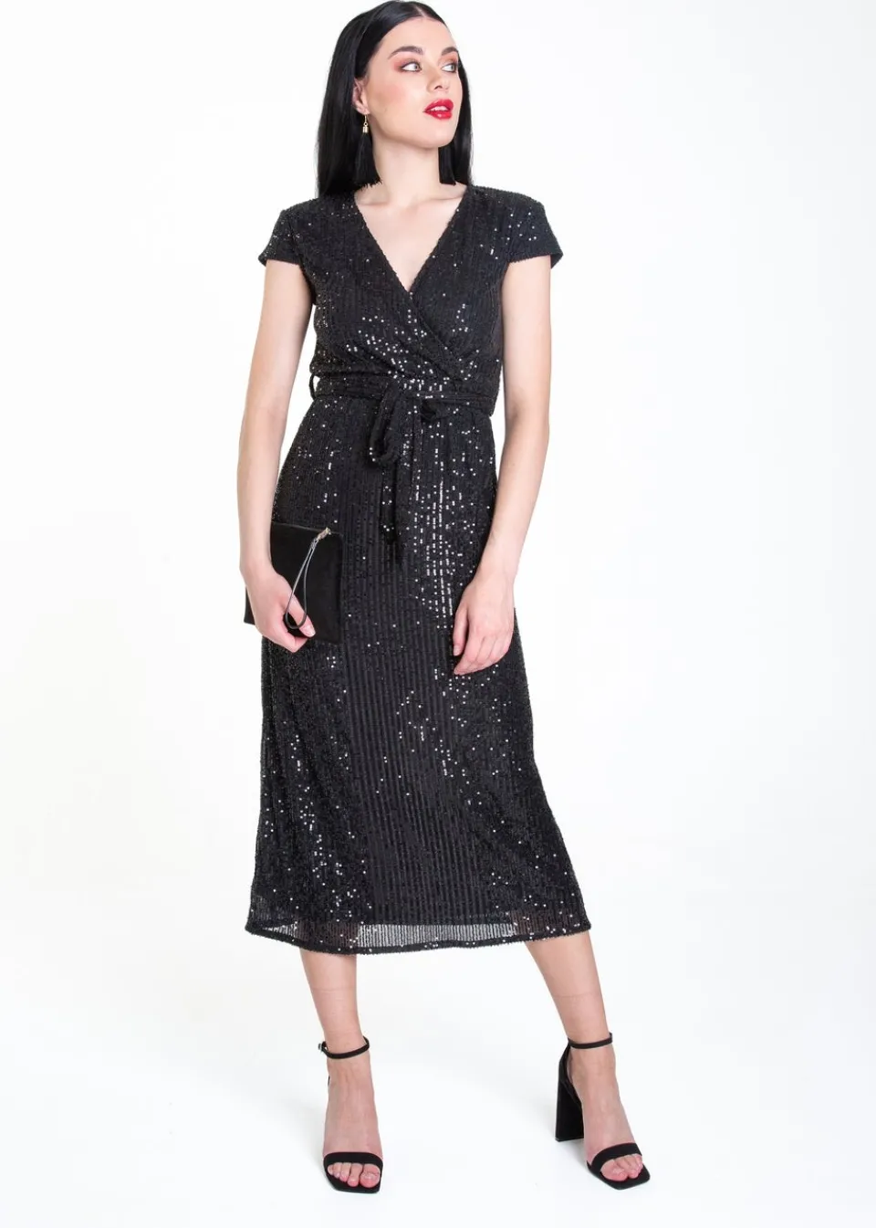 Dresses>Gini London Black Sequin Belted Midi Wrap Dress