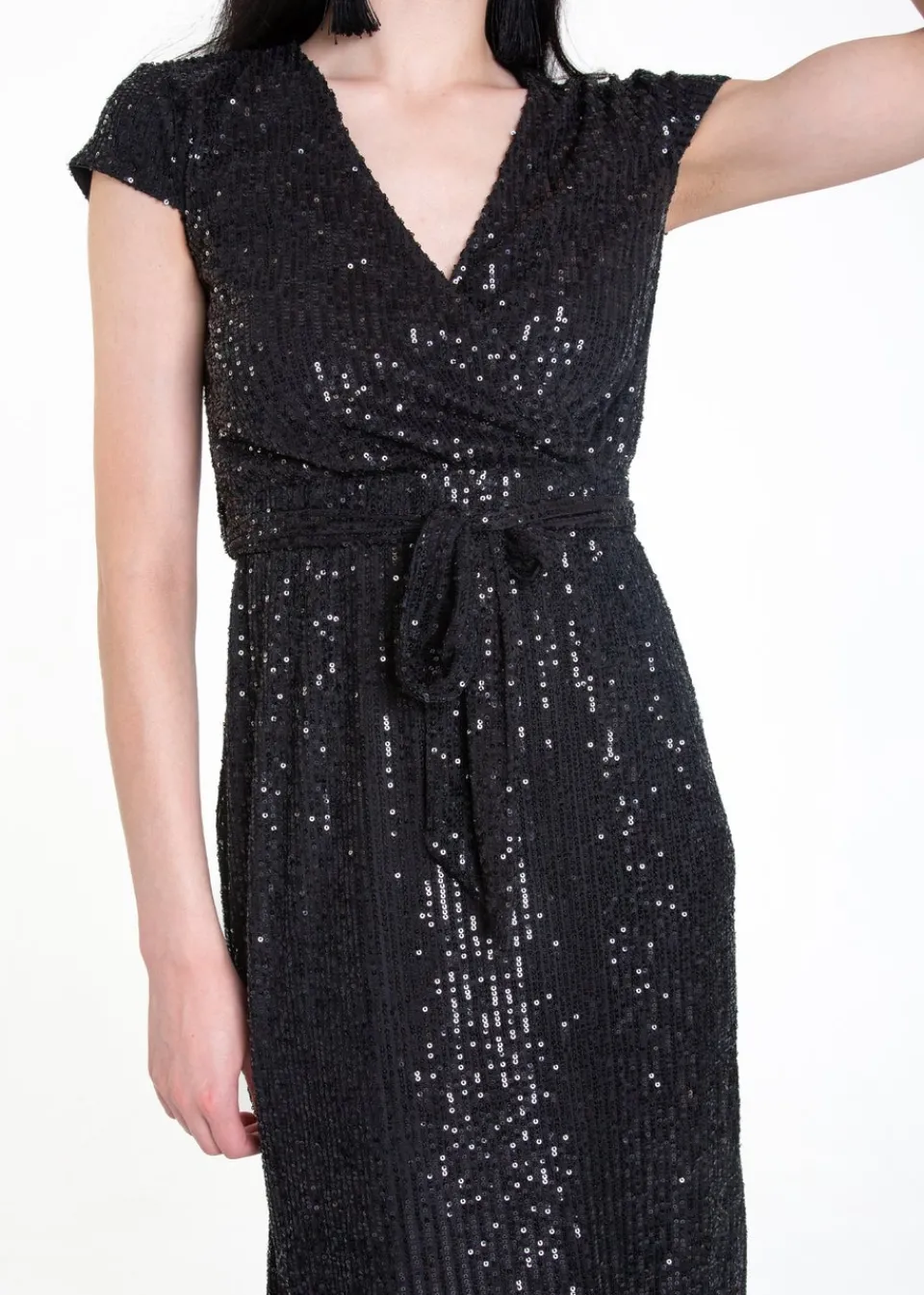 Dresses>Gini London Black Sequin Belted Midi Wrap Dress