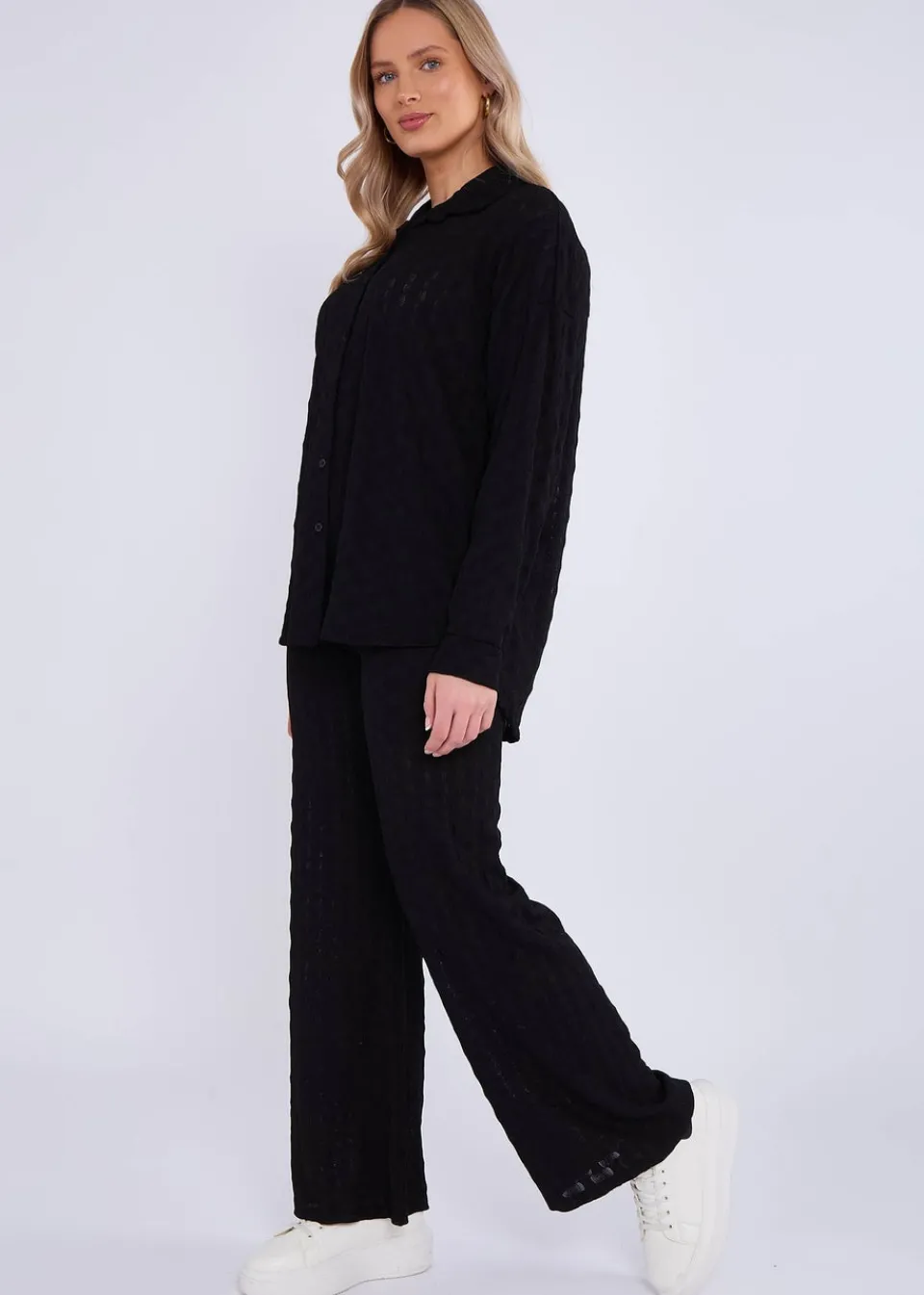 Tops>Gini London Black Textured Oversized Long Sleeves Shirt