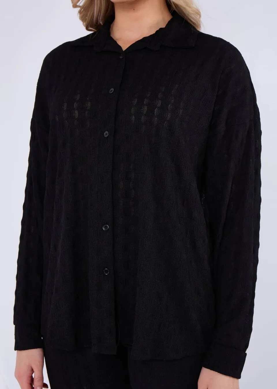 Tops>Gini London Black Textured Oversized Long Sleeves Shirt