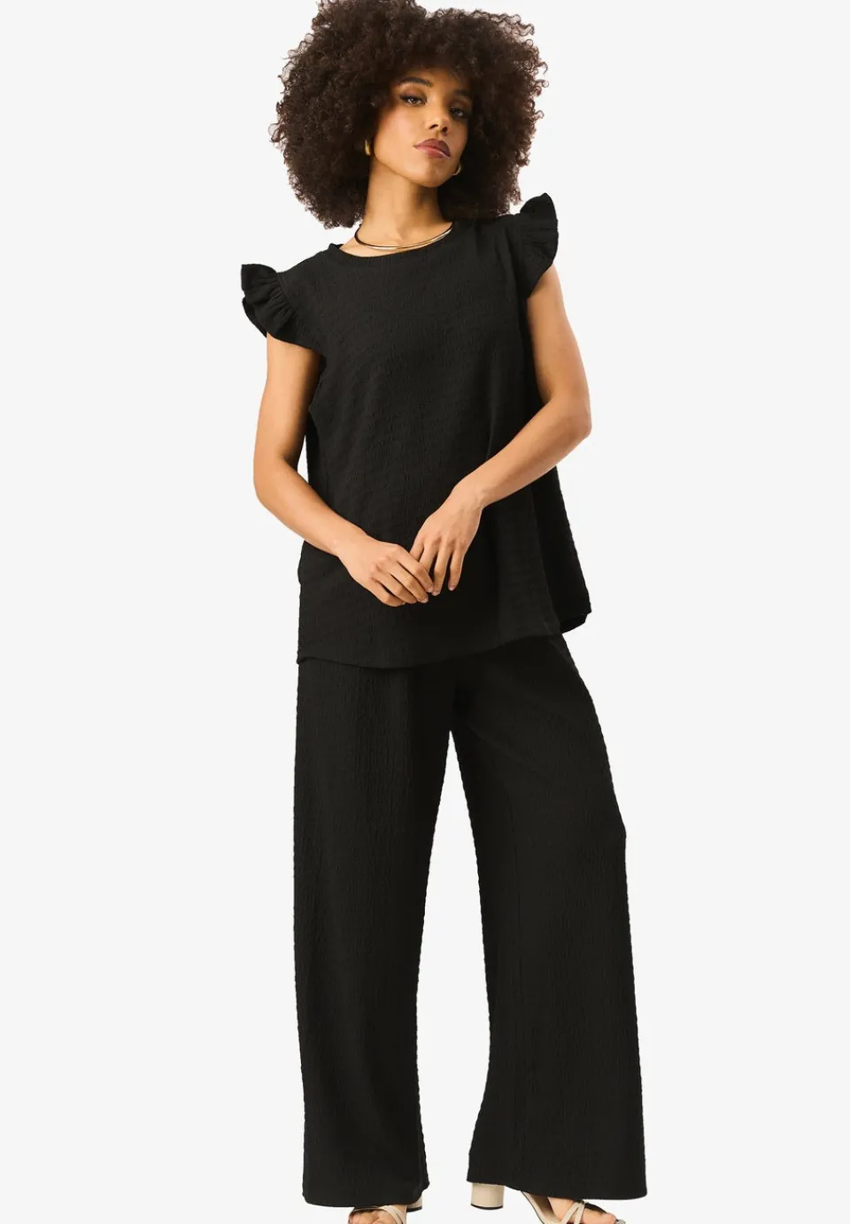 Trousers>Gini London Black Textured Elastic Waist Pull On Trousers