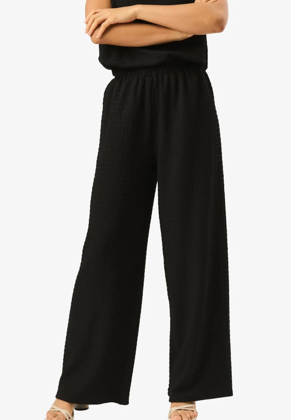 Trousers>Gini London Black Textured Elastic Waist Pull On Trousers