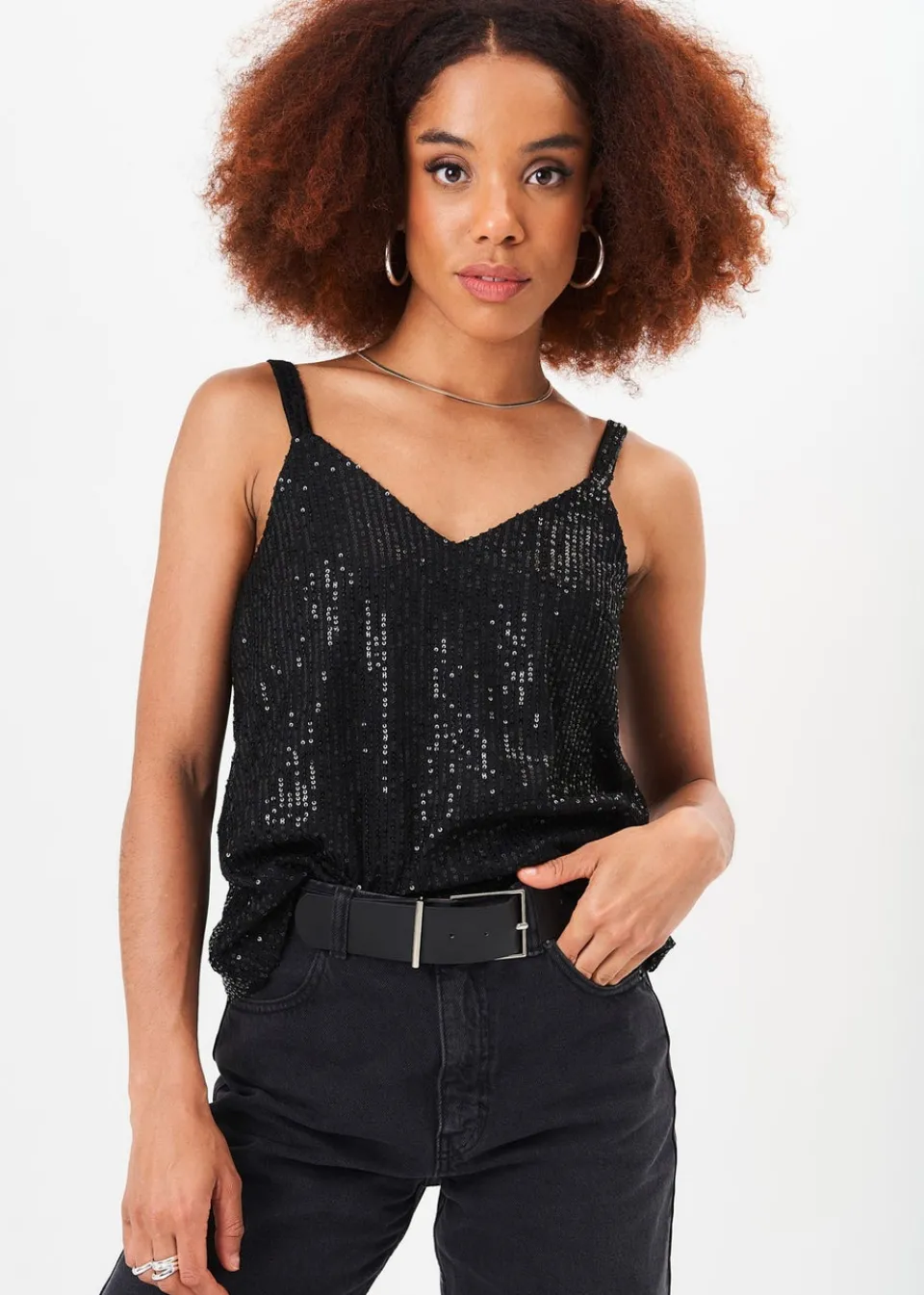 Tops>Gini London Black V-Neck Sequin Cami Top