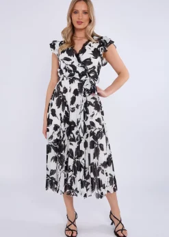 Dresses>Gini London Black/White Lace Trim Mono Pleated Wrap Midi Dress
