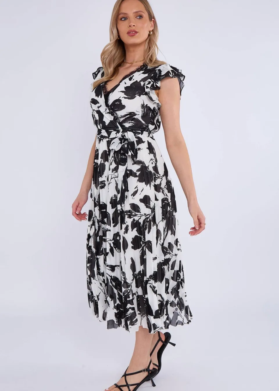 Dresses>Gini London Black/White Lace Trim Mono Pleated Wrap Midi Dress
