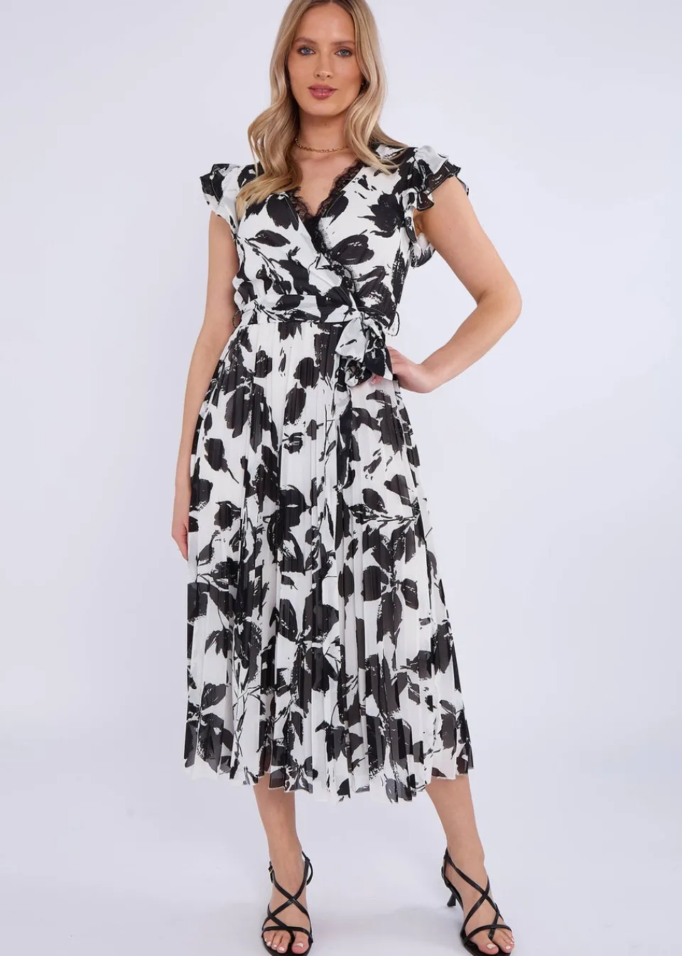 Dresses>Gini London Black/White Lace Trim Mono Pleated Wrap Midi Dress