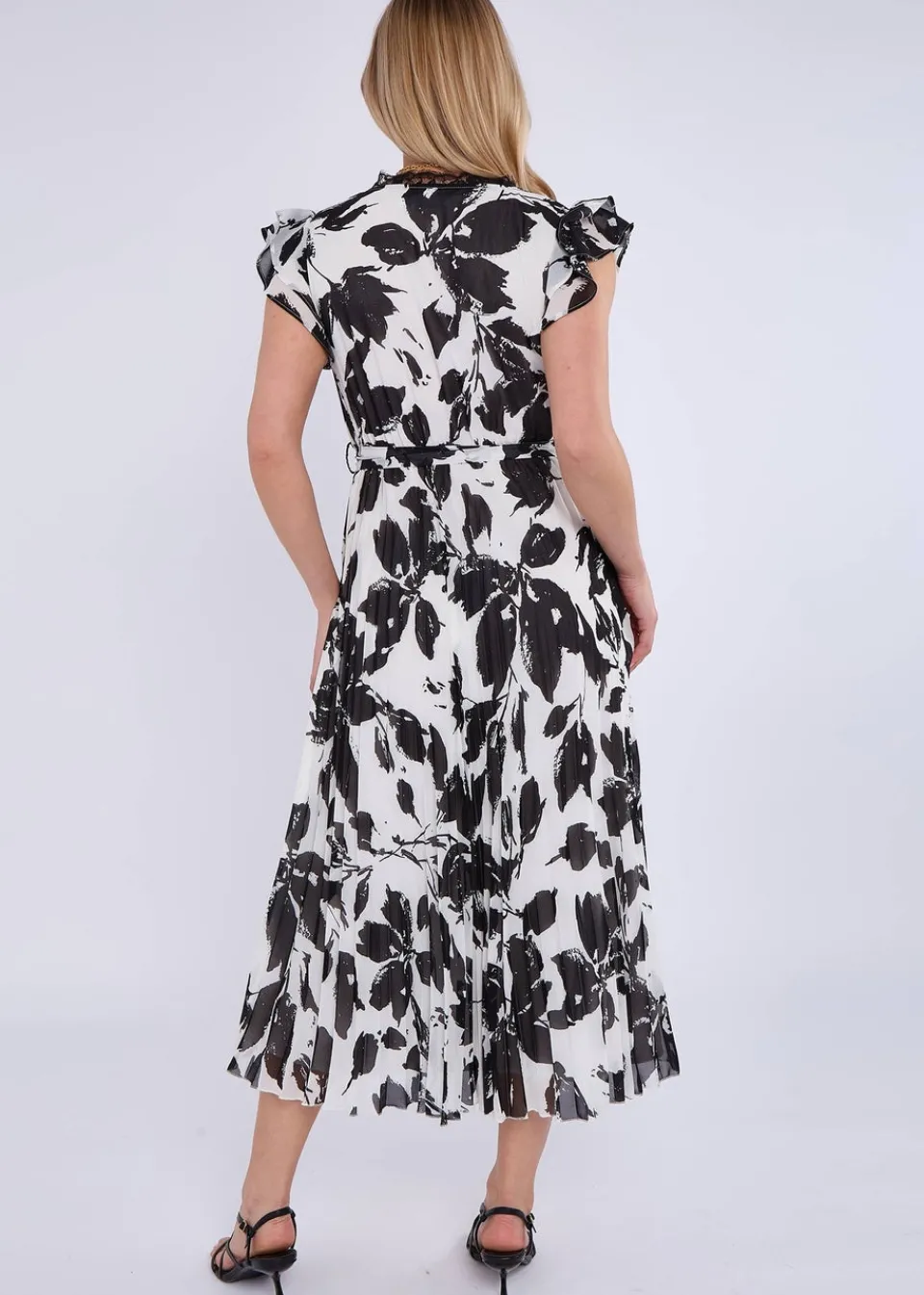 Dresses>Gini London Black/White Lace Trim Mono Pleated Wrap Midi Dress