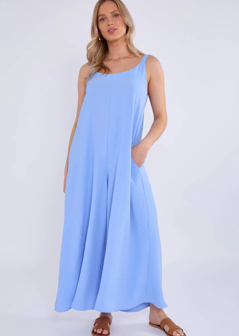 Jumpsuits & Playsuits>Gini London Blue Air Flow Strappy Wide Leg Jumpsuit