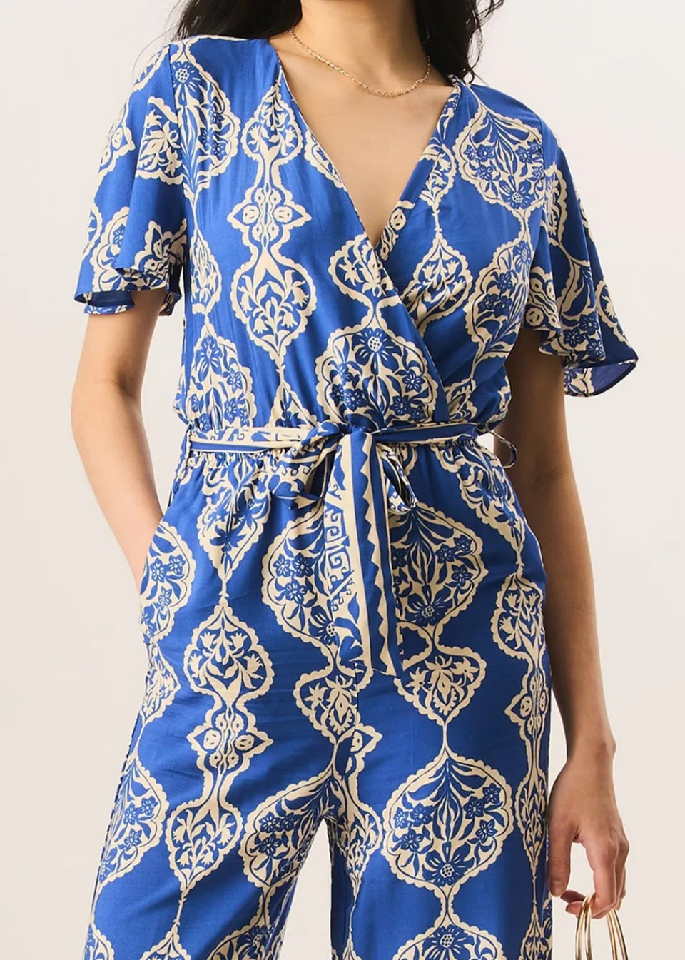 Jumpsuits & Playsuits>Gini London Blue Angel Sleeve Wrap Look Jumpsuit