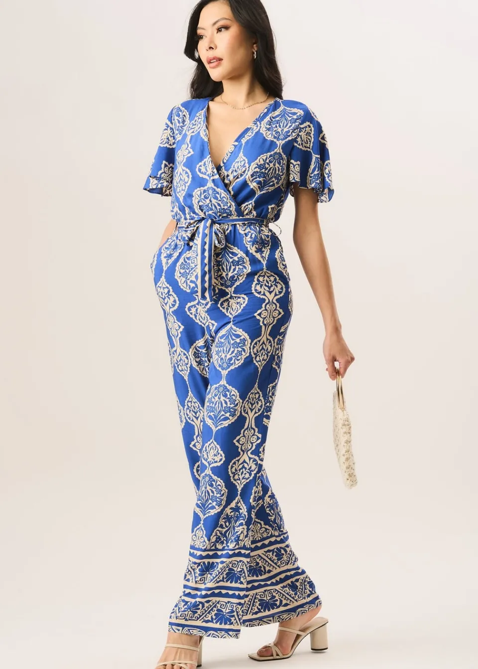Jumpsuits & Playsuits>Gini London Blue Angel Sleeve Wrap Look Jumpsuit