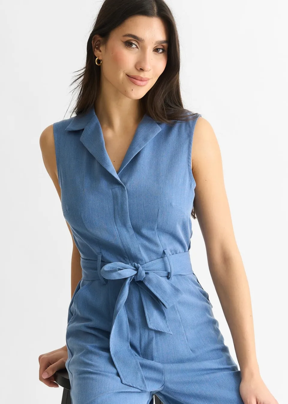 Jumpsuits & Playsuits>Gini London Blue Chambray Sleeveless Utility Jumpsuit