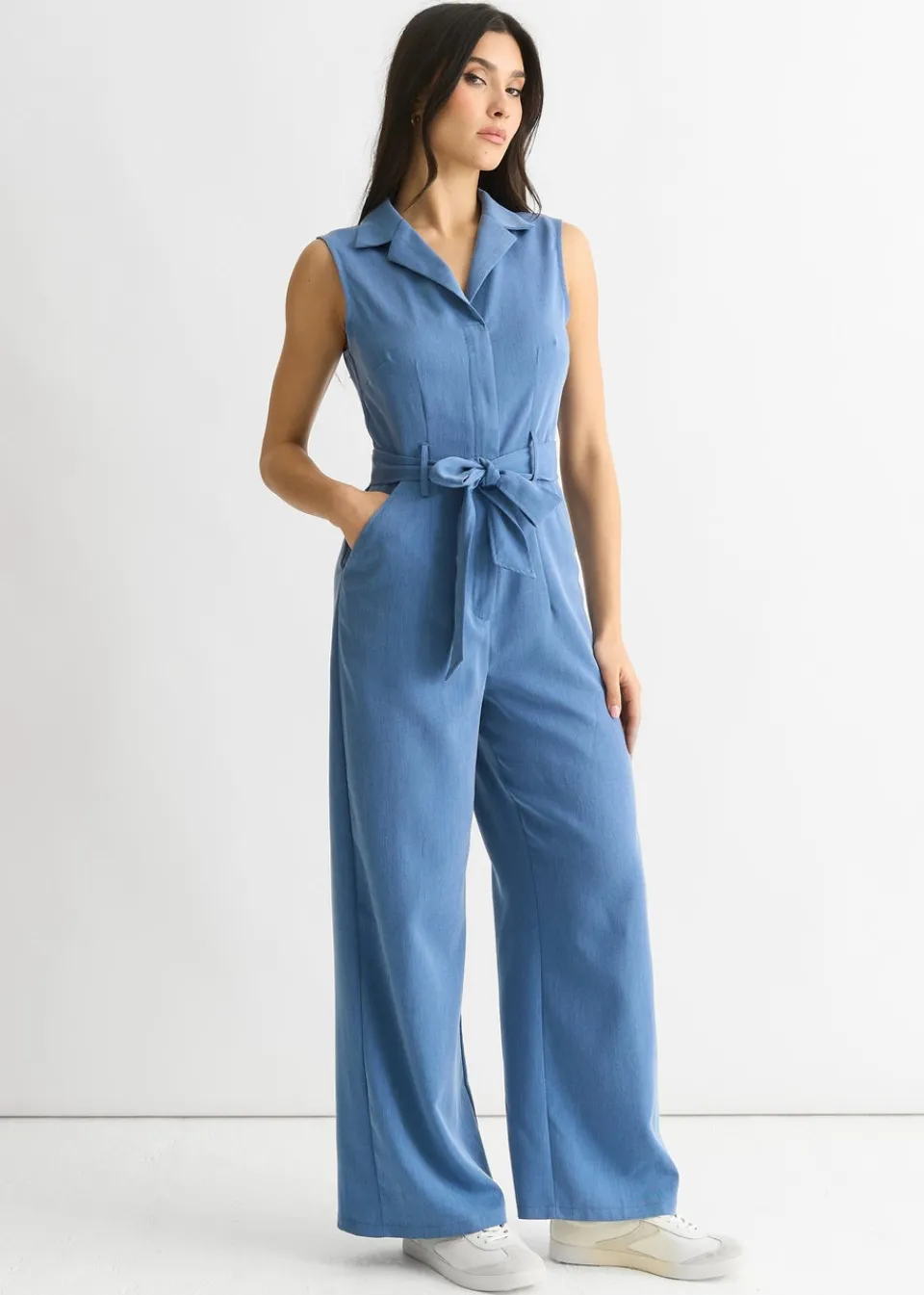 Jumpsuits & Playsuits>Gini London Blue Chambray Sleeveless Utility Jumpsuit