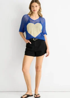 T-Shirts>Gini London Blue Fish Net Heart Pattern Crochet Top