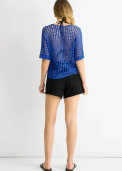 T-Shirts>Gini London Blue Fish Net Heart Pattern Crochet Top